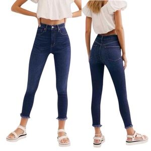 Free People Deep Indigo Raw Hem High Rise Skinny Jeans
